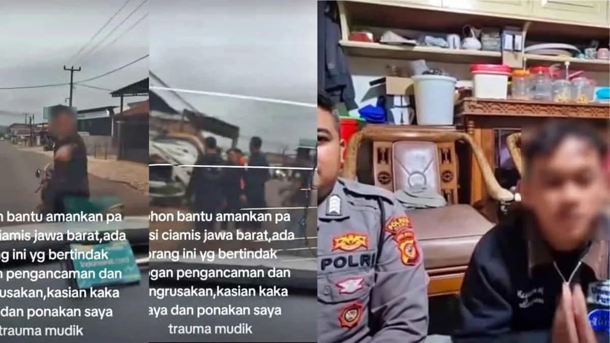 Kolase foto insiden perusakan mobil pemudik asal Pekalongan di Ciamis, Jawa Barat hingga tangkapan layar video permohonan maaf pelaku. Foto: Tiktok @ria.riadahlia/Humas Polres Ciamis