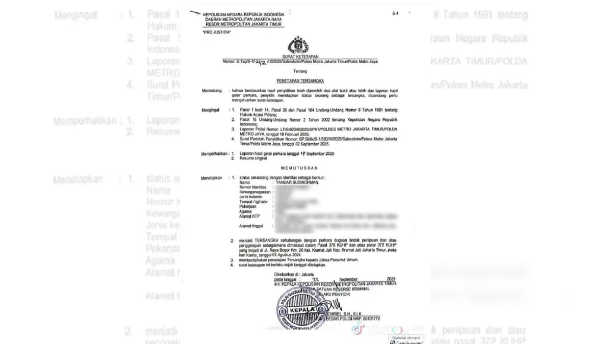 Surat penetapan status tersangka kepada Direktur PT BDS yang berdar luas di media sosial. Polres Metro Jakarta Timur resmi menetapkan status tersangka kepada Direktur PT BDS berinisial YB atas dugaan kasus penipuan dan atau penggelapan. Foto: ist/