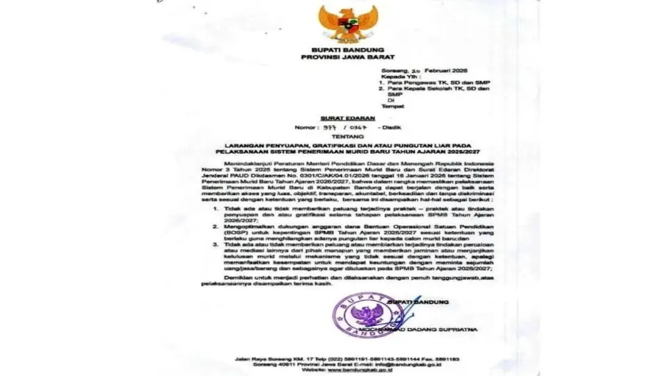 Pemkab Bandung Menjamin Pelaksanaan SPMB 2026 Terhindar Praktik Pungli