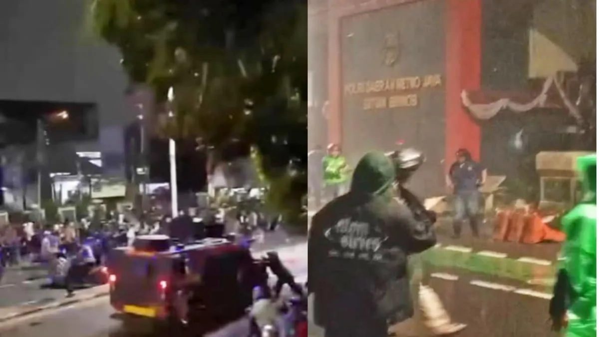 Kolase kendaraan taktis bertuliskan Brimob menabrak dan melindas pengendara ojol (foto kiri). Massa pun langsung menyerbu Mako Brimob Kwitang (foto kanan). Foto: ist/