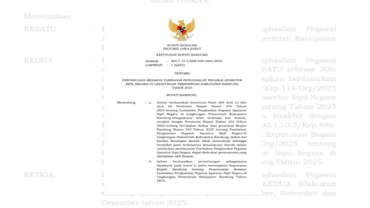 Tangkapan layar Surat Keputusan Bupati Bandung, Jawa Barat, tentang penetapan pemotongan tukin ASN Pemkab Bandung.